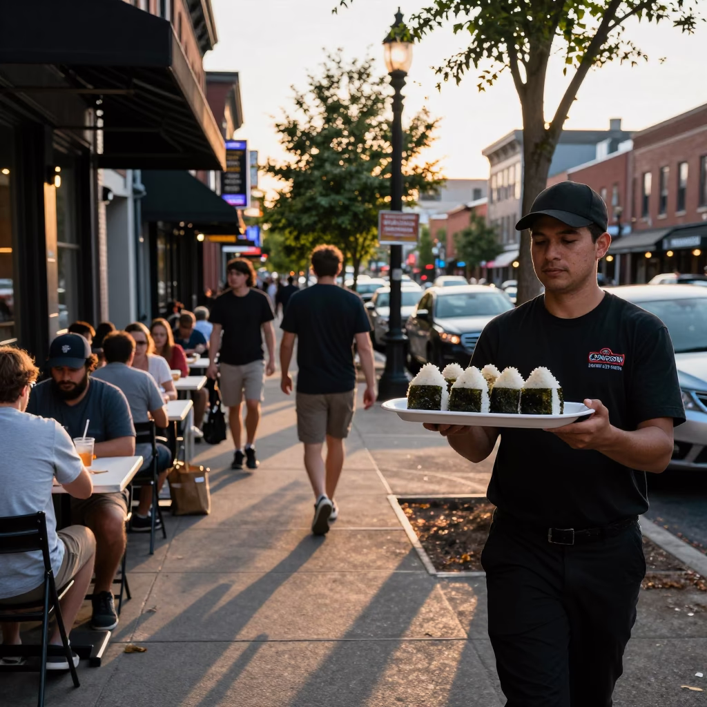 Busy Nashville Tennessee Early Evening Street Scene with Food and Urban Life in in Nashville, Tennessee, United States