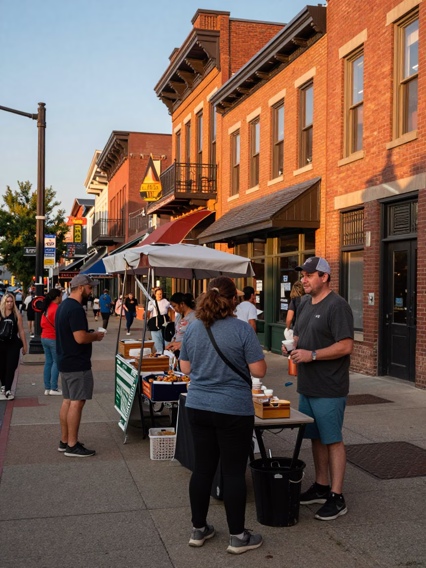 Busy Nashville Tennessee Evening Street Scene with Local Food and Urban Details in in Nashville, Tennessee, United States