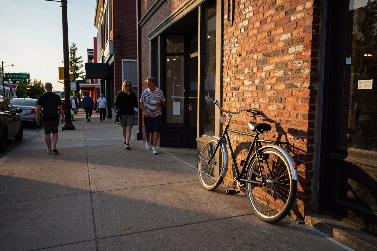 Busy Nashville Tennessee Evening Street Scene with Vintage Bicycle and Local Pedestrians in in Nashville, Tennessee, United States
