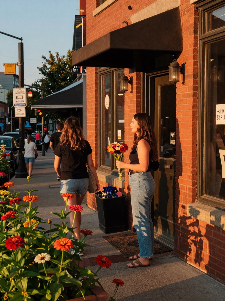 Busy Nashville Tennessee Evening Street Scene with Zinnias and Local Details in in Nashville, Tennessee, United States