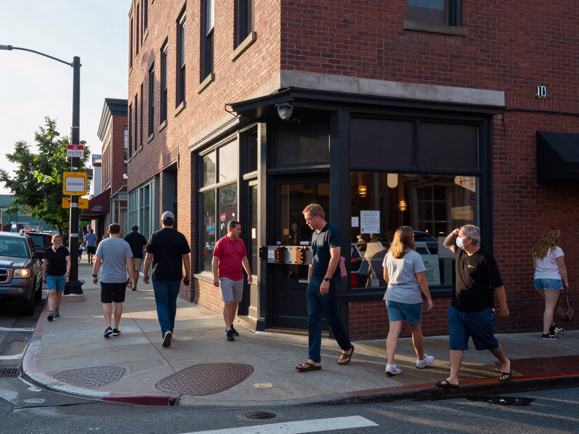 Busy Nashville Tennessee Street Corner Late Morning with Iron Deadbolt and Local Pedestrians in in Nashville, Tennessee, United States