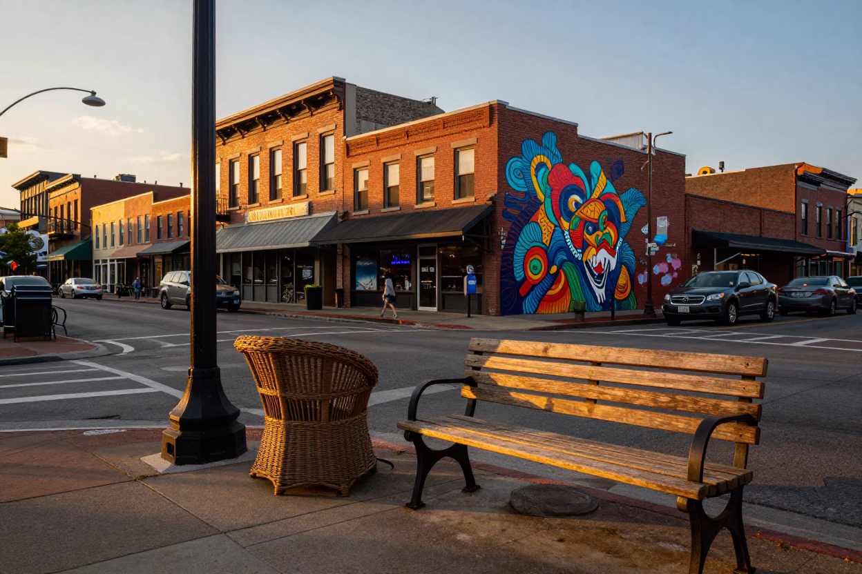Busy Nashville Tennessee Street Scene at Sunset with Wicker Chair Shadows on Bench Slats in in Nashville, Tennessee, United States