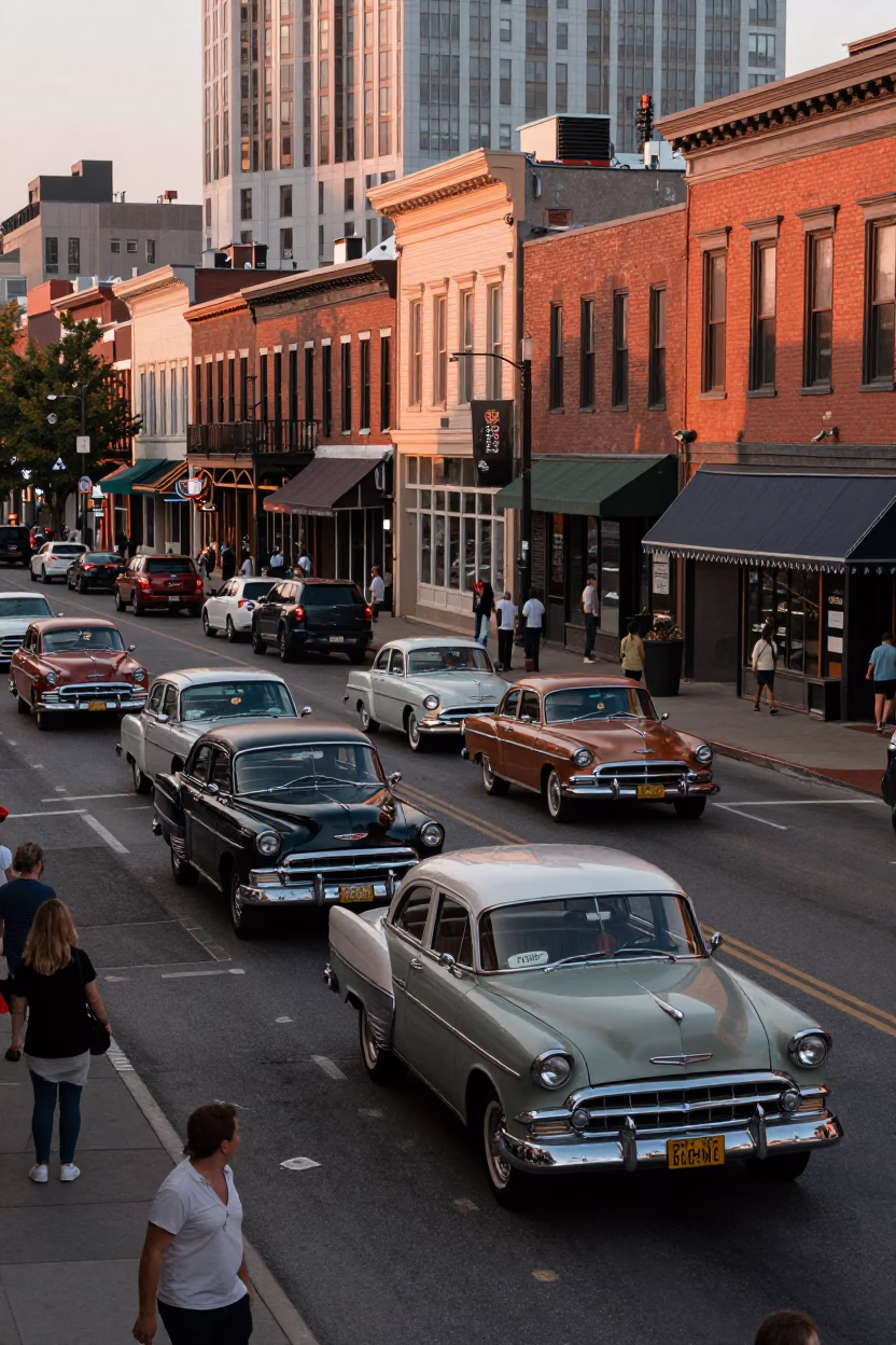 Busy Nashville Tennessee Street Scene Before Dusk with Vintage Cars and Local Pedestrians in in Nashville, Tennessee, United States