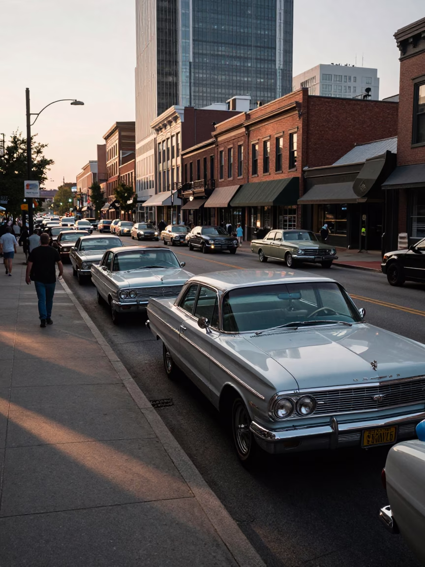 Busy Nashville Tennessee Street Scene Early Evening with Vintage Car Rally and Local Activity in in Nashville, Tennessee, United States
