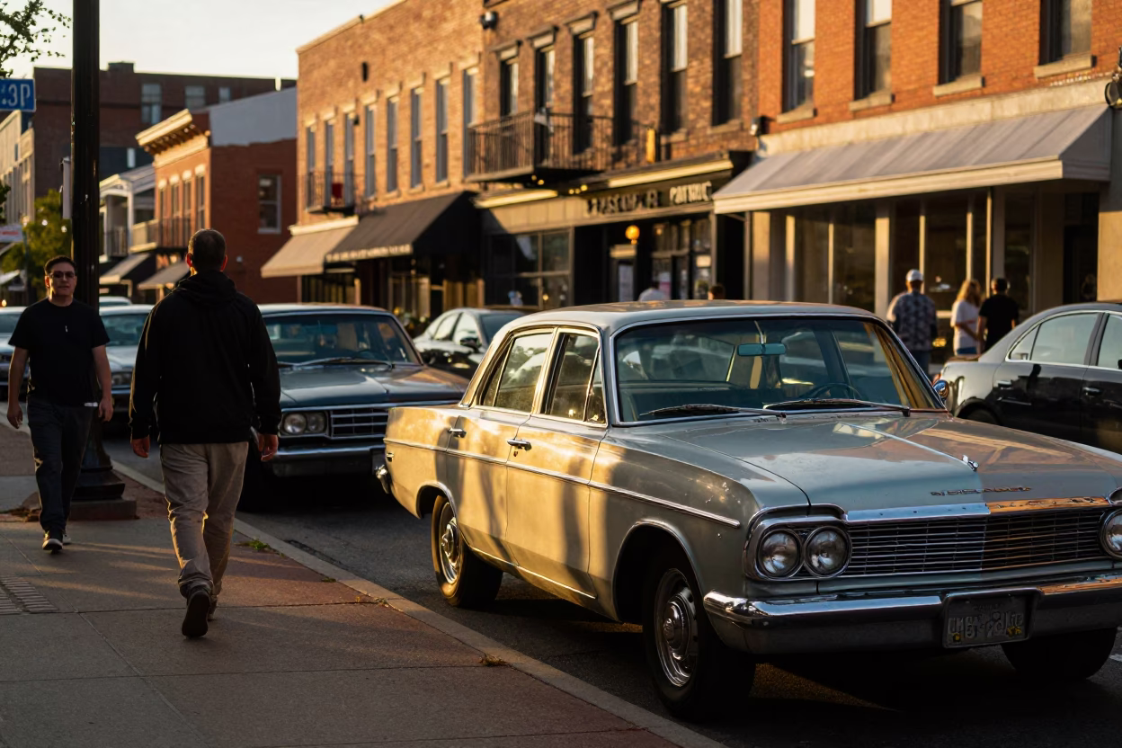 Busy Nashville Tennessee Street Scene Honeyed Evening Light 1960s Aesthetic Candid Moment in in Nashville, Tennessee, United States