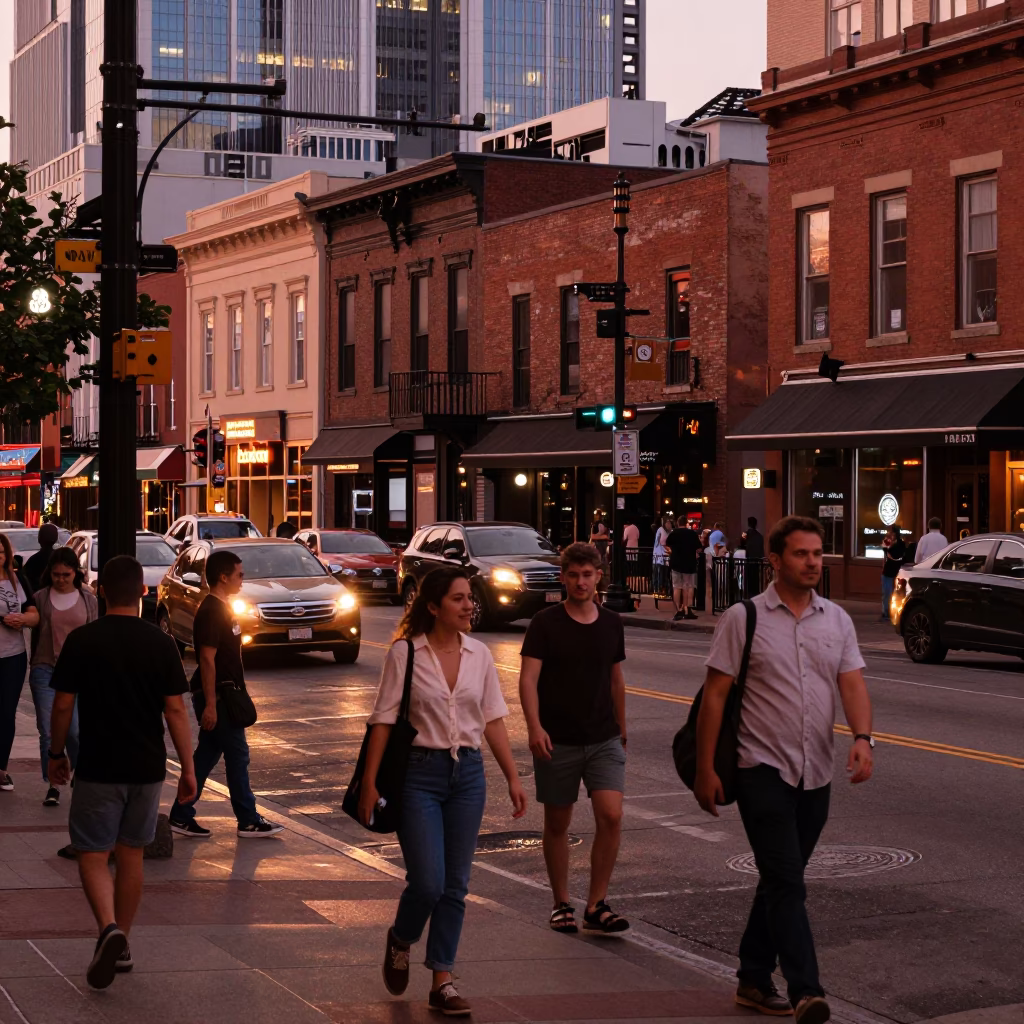 Busy Nashville Tennessee Street Scene in Copper Dusk Light with Masons and Urban Activity in in Nashville, Tennessee, United States