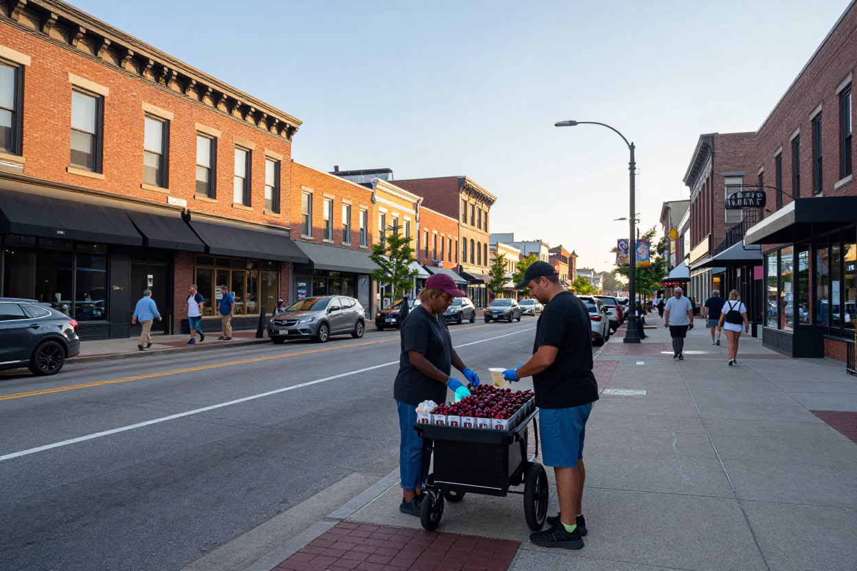 Busy Nashville Tennessee Street Scene Just After Sunrise with Local Commerce and Morning Activity in in Nashville, Tennessee, United States