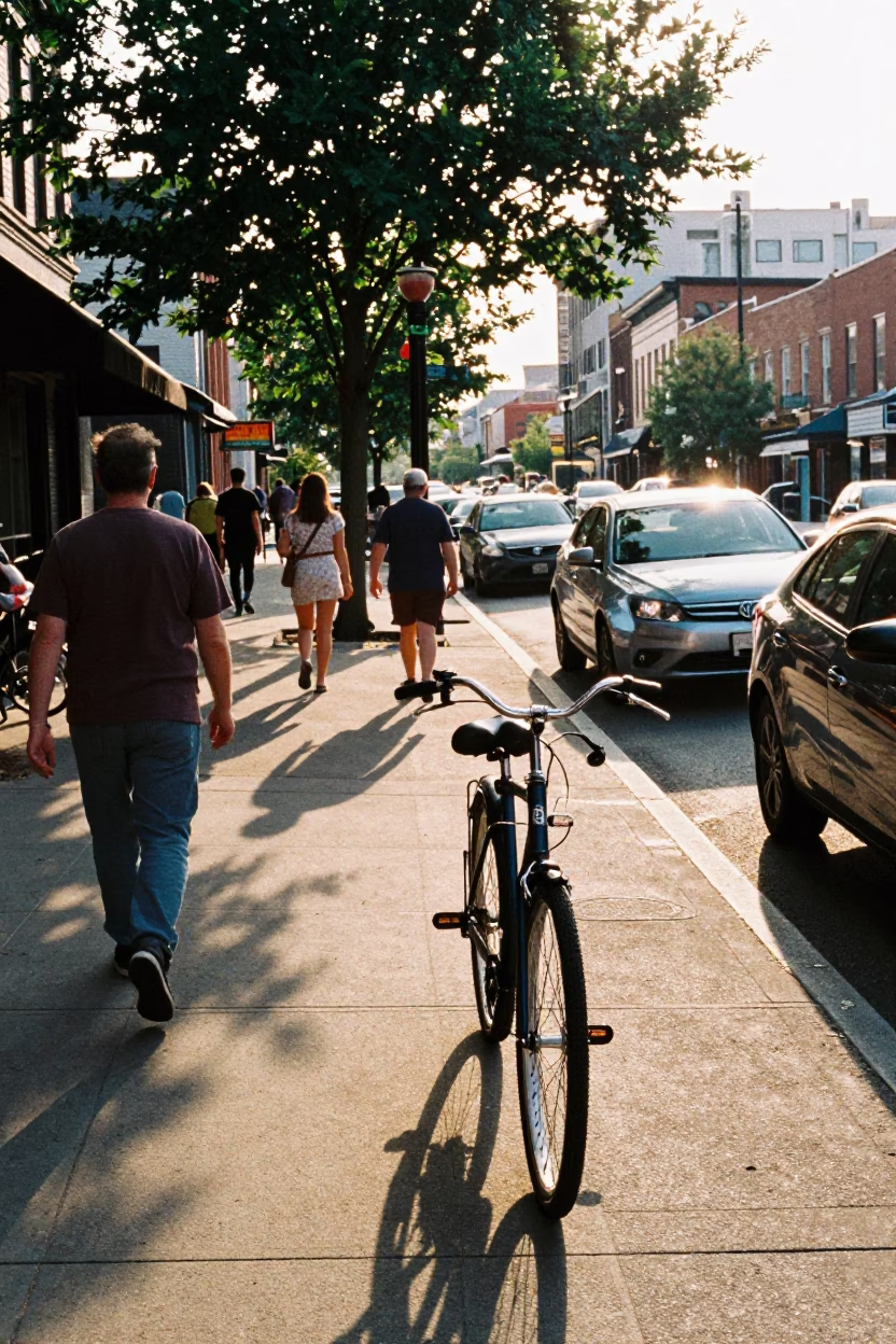 Busy Nashville Tennessee Street Scene Late Afternoon with Bicycle and Local Architecture in in Nashville, Tennessee, United States