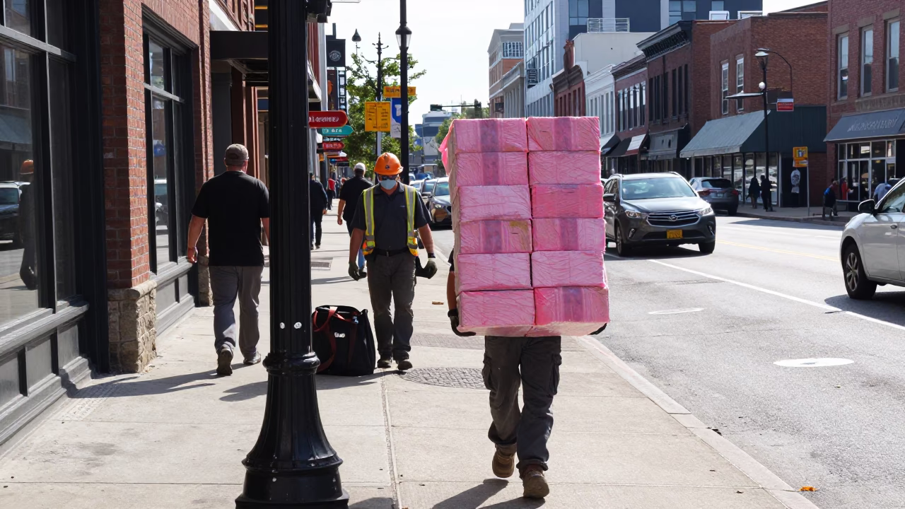 Busy Nashville Tennessee Street Scene Midmorning Light with Construction Insulation and Local Commerce in in Nashville, Tennessee, United States
