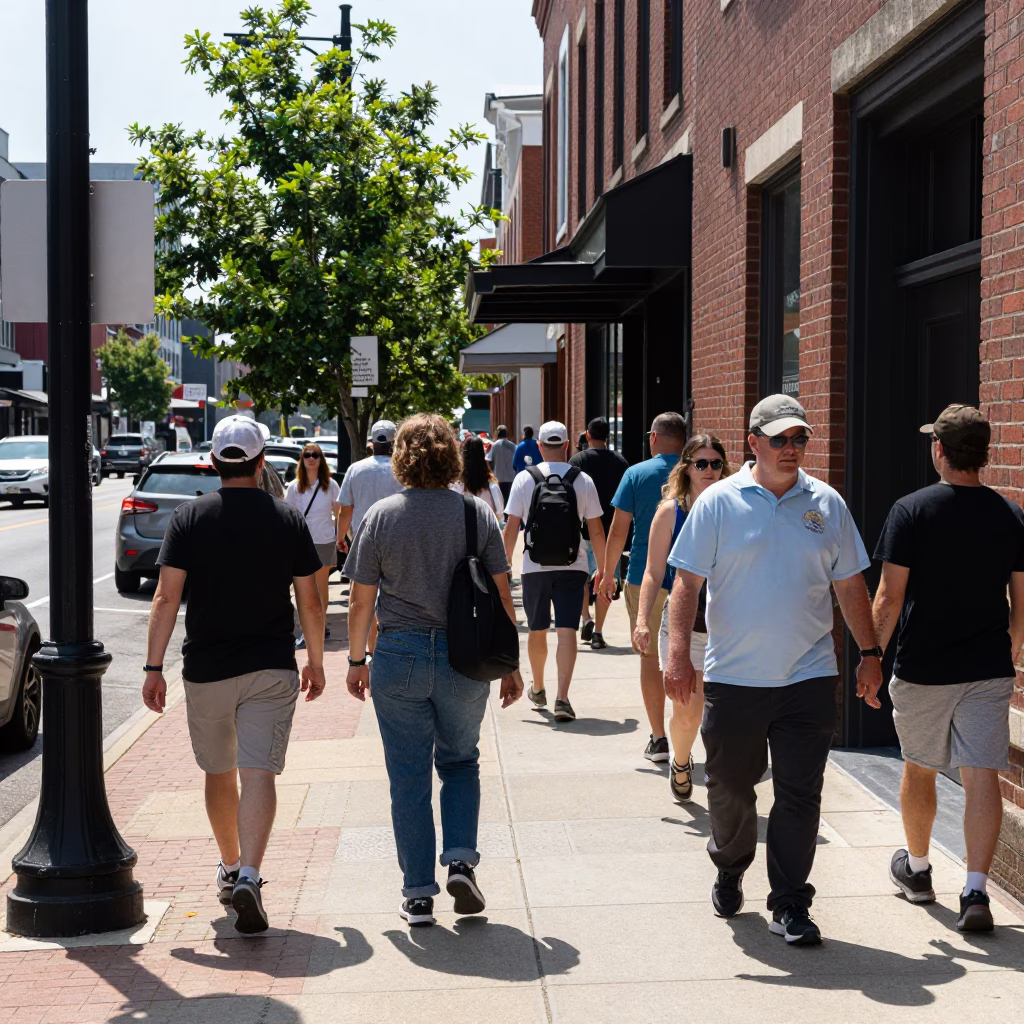 Busy Nashville Tennessee Street Scene Under Flat Noon Glare with Local Activity in in Nashville, Tennessee, United States