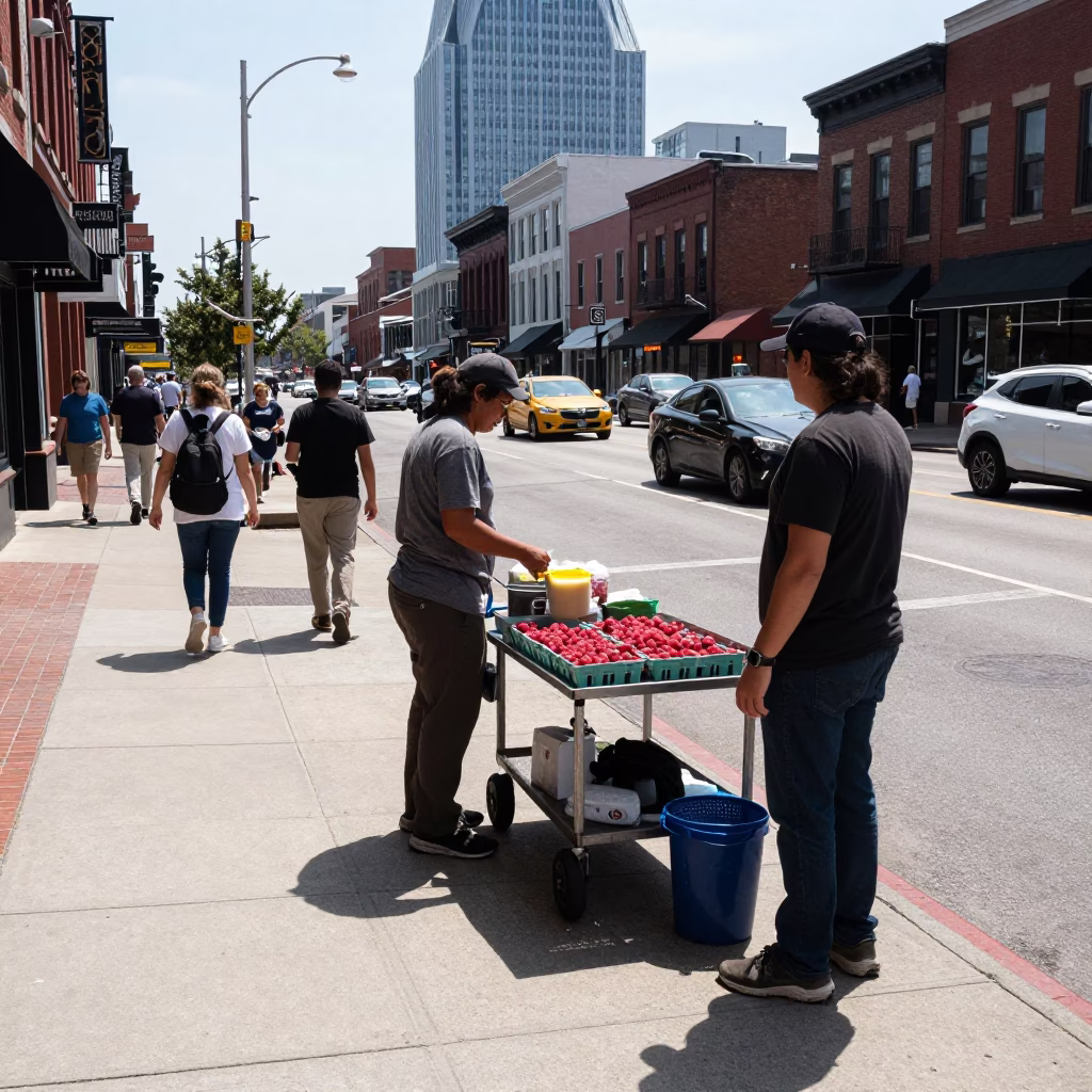Busy Nashville Tennessee Street Scene Under Flat Noon Glare with Local Food Vendors in in Nashville, Tennessee, United States