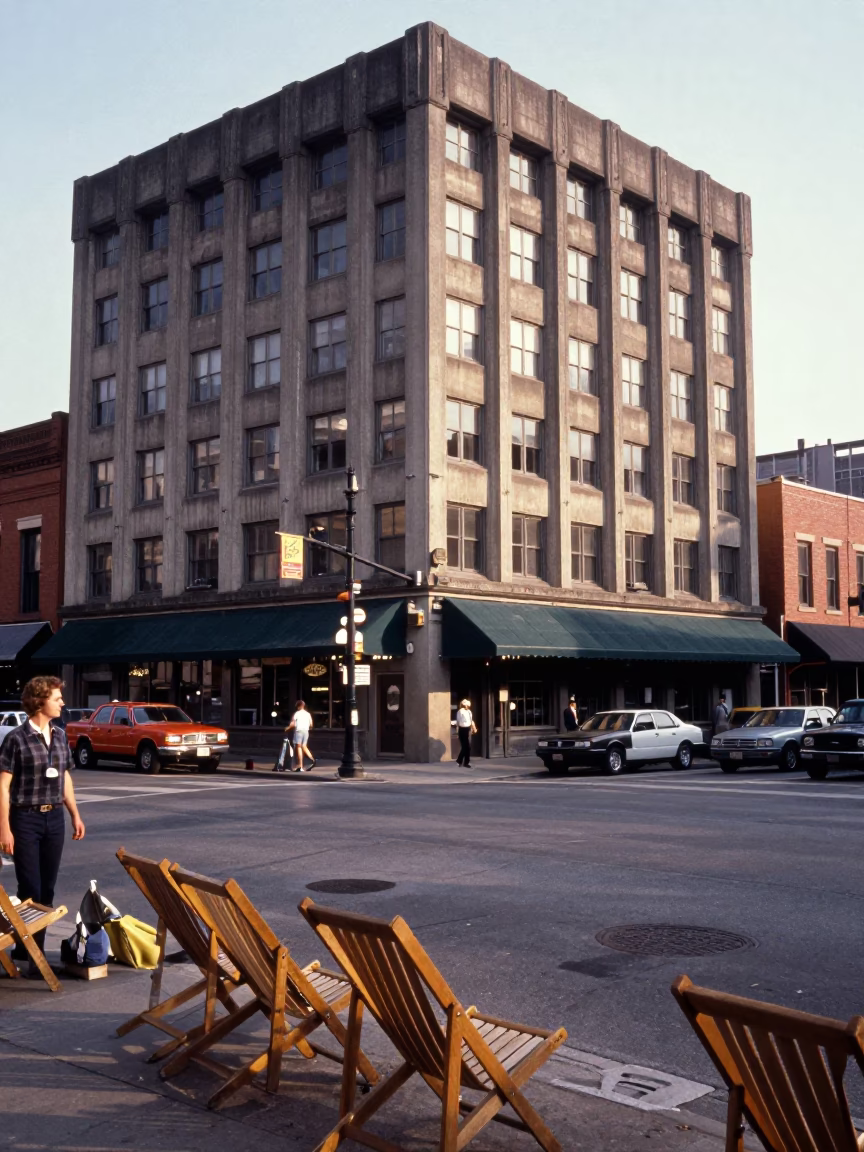 Busy Nashville Tennessee Street Scene with Brutalist Concrete Building and Deck Chairs in in Nashville, Tennessee, United States