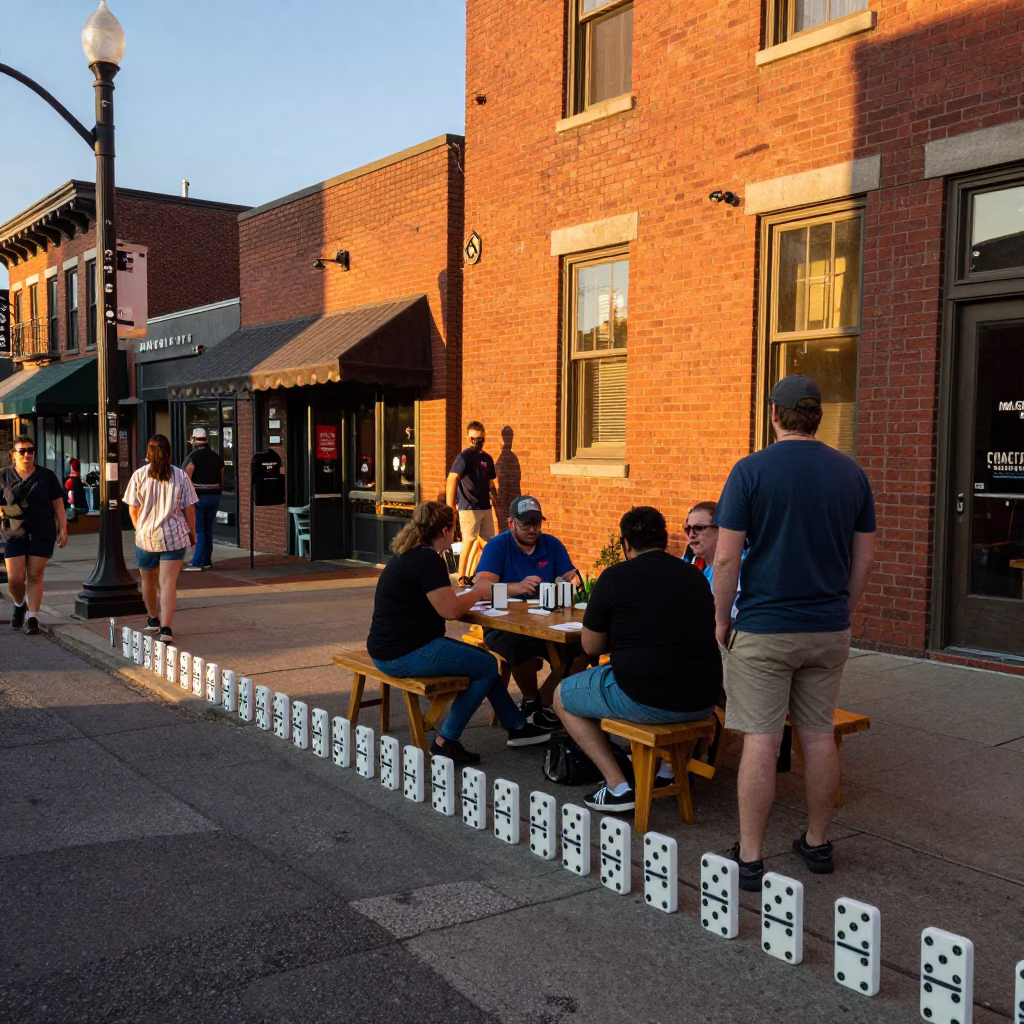 Busy Nashville Tennessee Street Scene with Dominoes in Honeyed Evening Light in in Nashville, Tennessee, United States