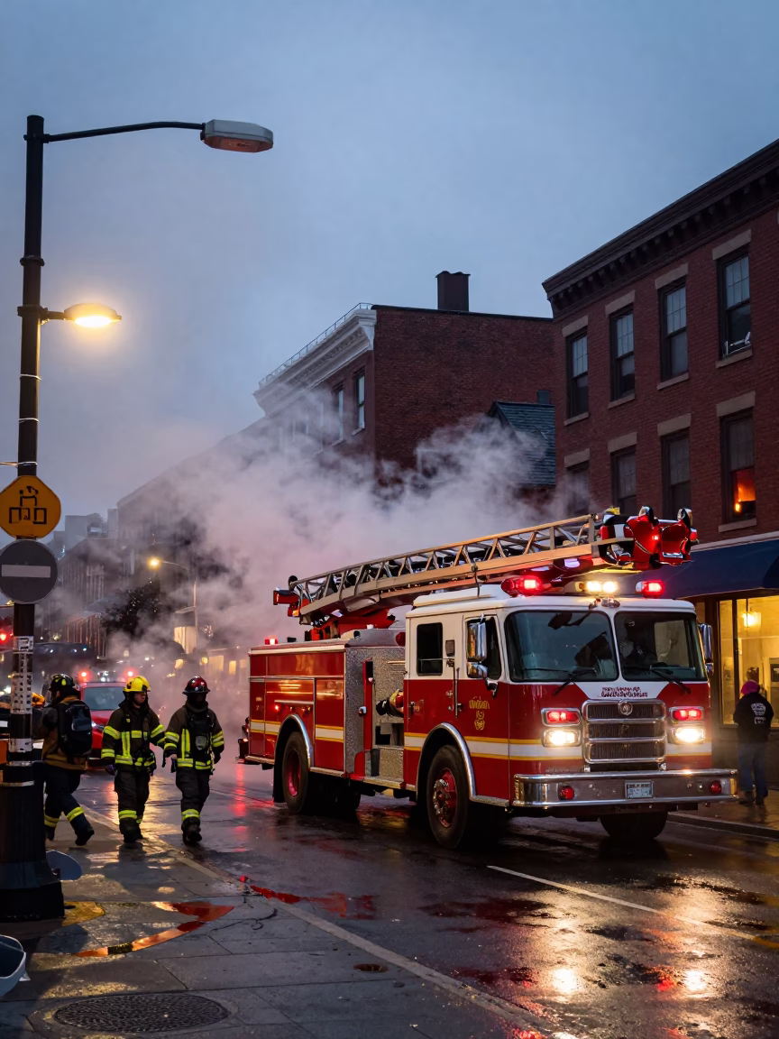 Busy Nautical Dawn Street Scene in Boston Massachusetts with Fire Engine and Urban Activity in in Boston, Massachusetts, United States