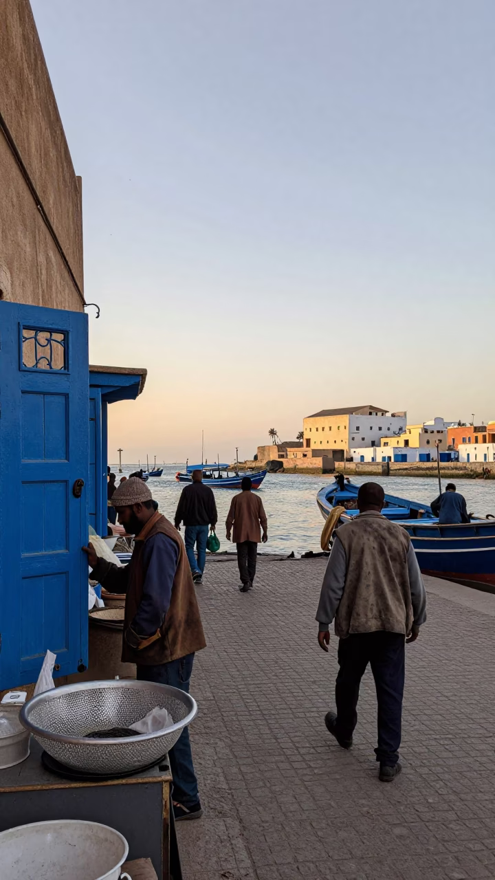 Busy Nautical Dawn Street Scene in Essaouira Morocco with Fishermen and Traditional Elements in in Essaouira, Morocco