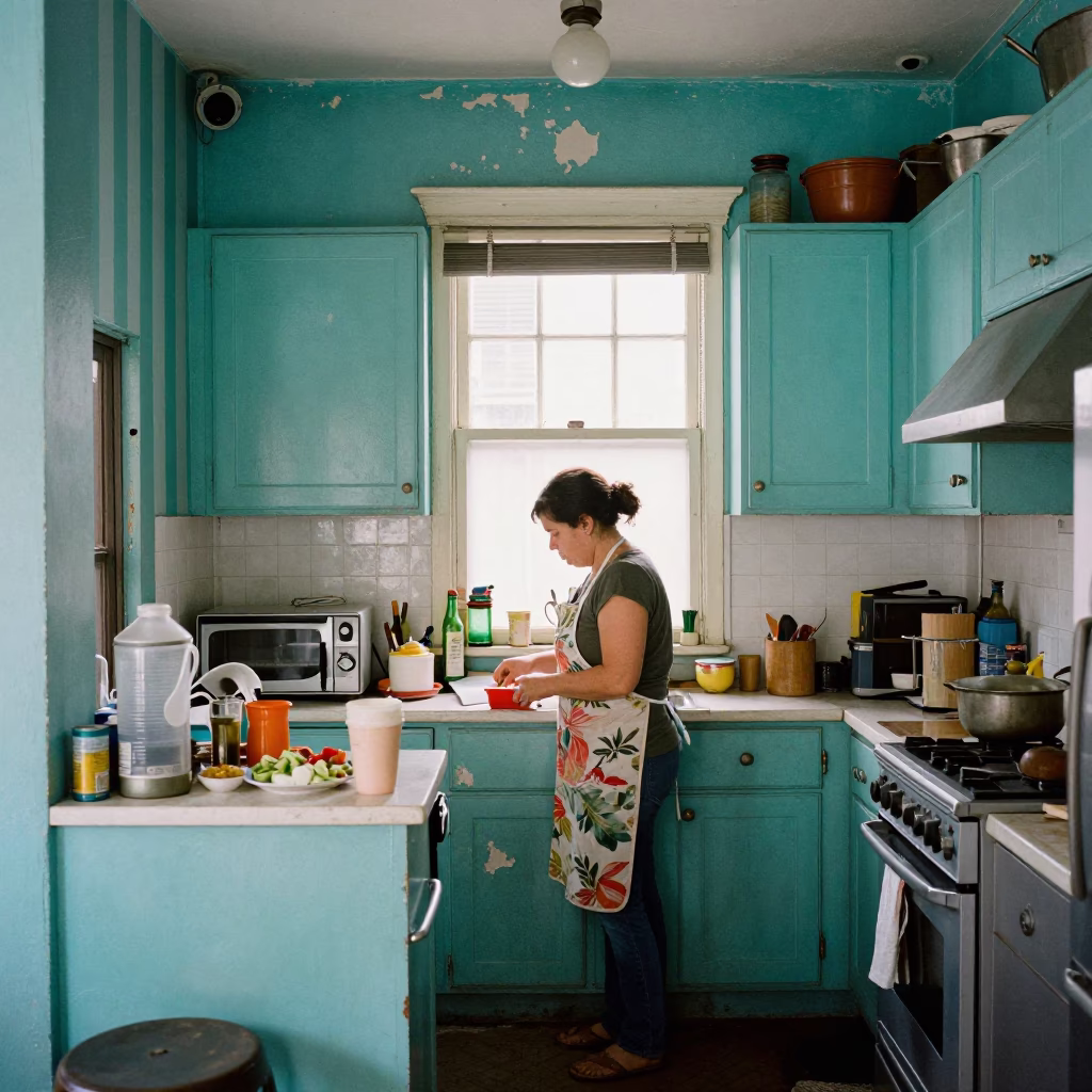 Busy New Orleans Kitchen With Peeling Turquoise Paint And Striped Fabric in in New Orleans, Louisiana, United States