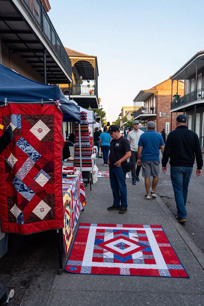 Busy New Orleans Late Morning Street Scene with Quilt Display and Local Interaction in in New Orleans, Louisiana, United States