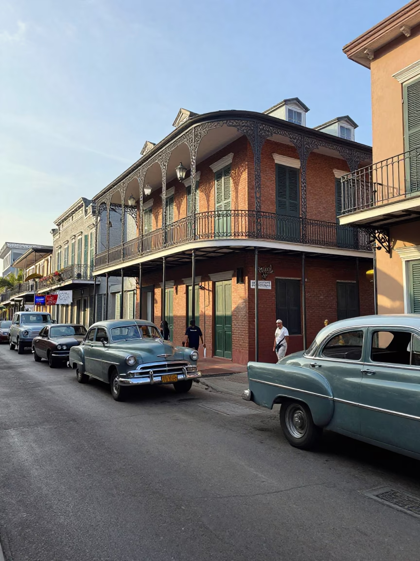 Busy New Orleans Late Morning Street Scene with Vintage Cars and Pedestrians in in New Orleans, Louisiana, United States