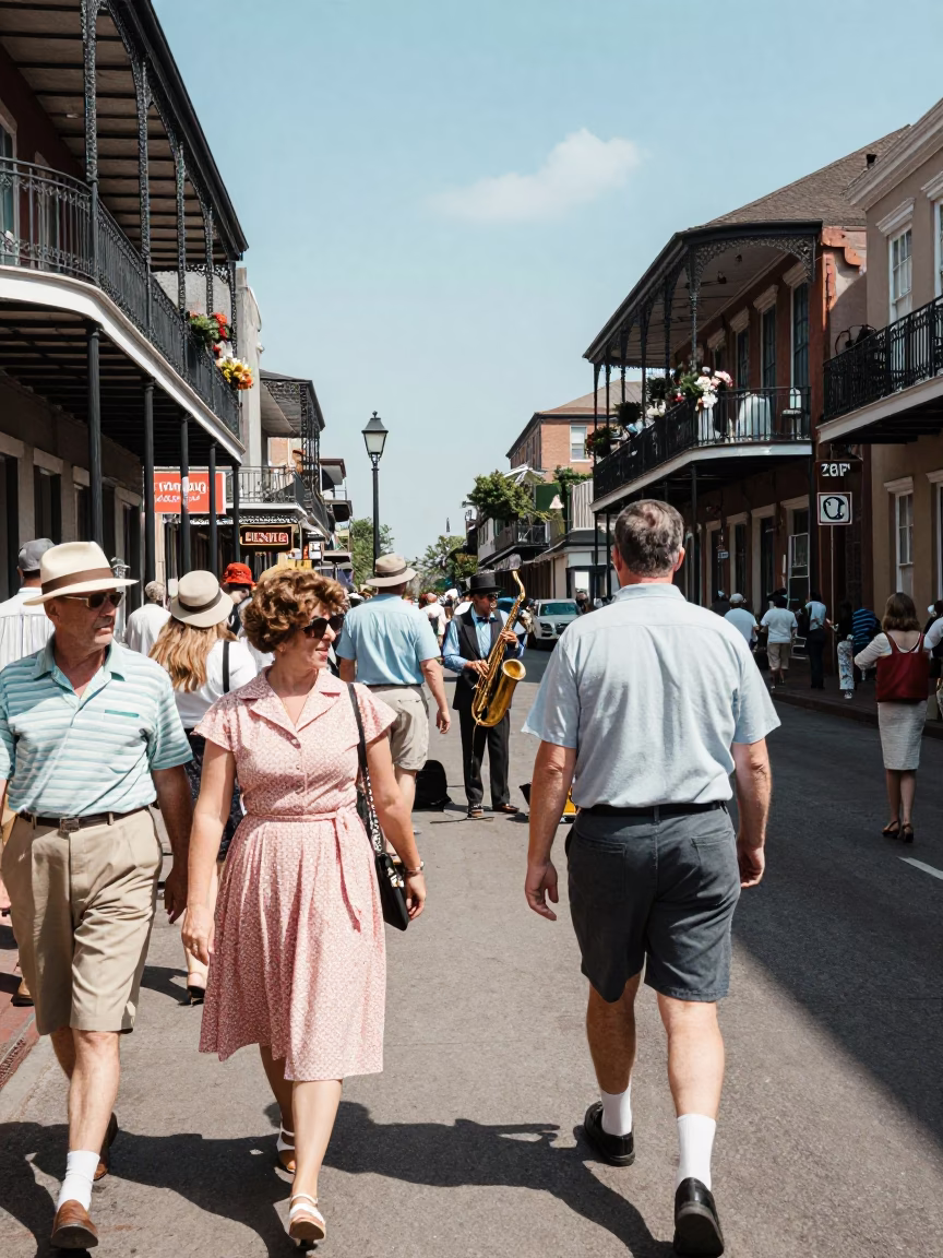 Busy New Orleans Midday Street Scene with Jazz Musician and Classic Cars in in New Orleans, Louisiana, United States