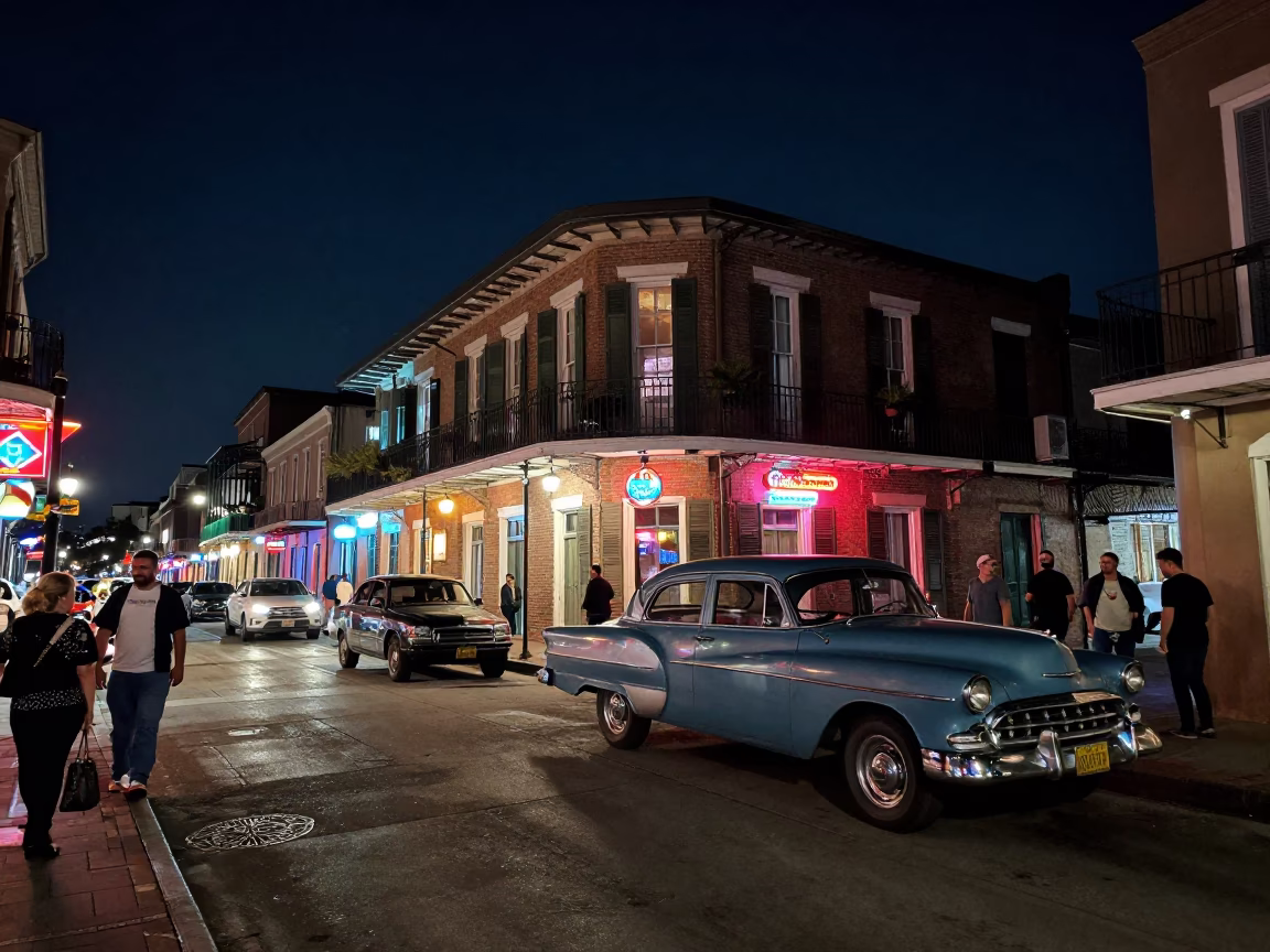 Busy New Orleans Night Street Scene with Vintage Car and Neon Lights in in New Orleans, Louisiana, United States