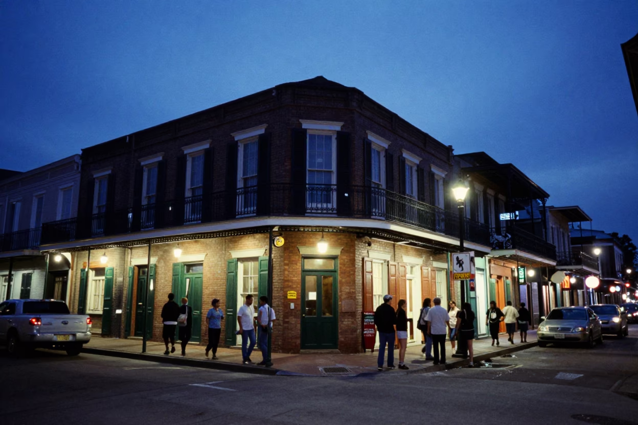 Busy New Orleans Street Corner at Blue Hour with Local Vendors and Sun Hats in in New Orleans, Louisiana, United States