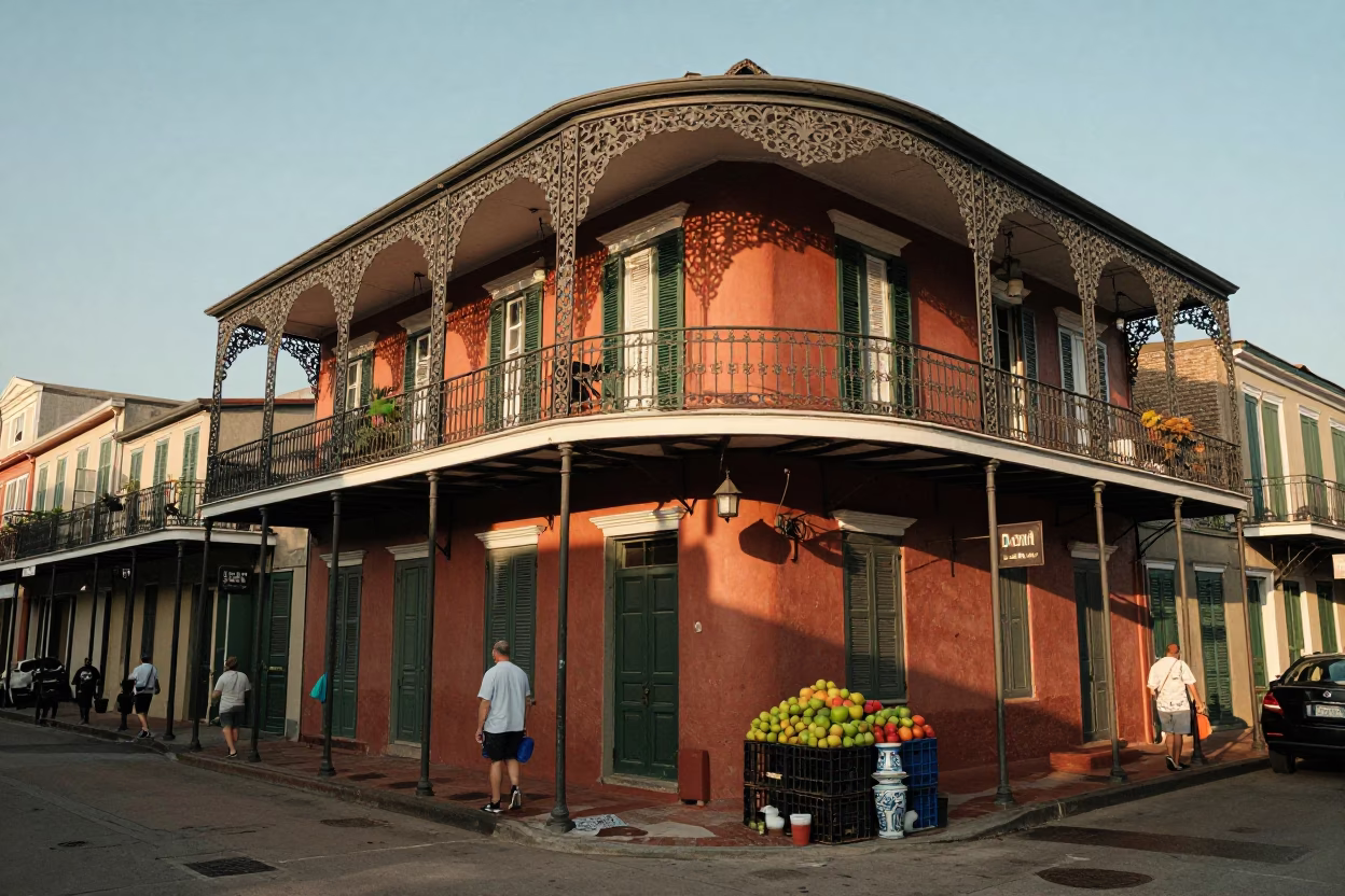 Busy New Orleans Street Corner at Golden Hour with Fruit Crate and Ceramic Pitcher in in New Orleans, Louisiana, United States
