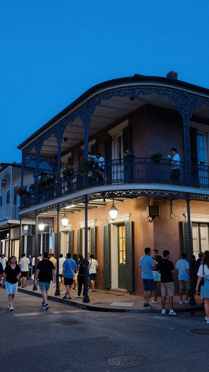 Busy New Orleans Street Corner Evening Blue Light with Enamel Pitcher and Local Interaction in in New Orleans, Louisiana, United States