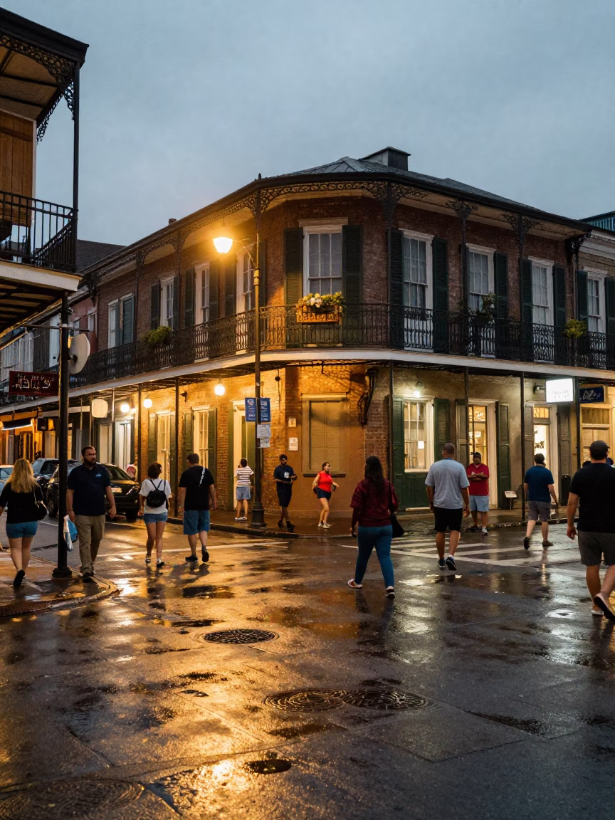 Busy New Orleans Street Corner Evening Scene with Local Life and Architecture in in New Orleans, Louisiana, United States