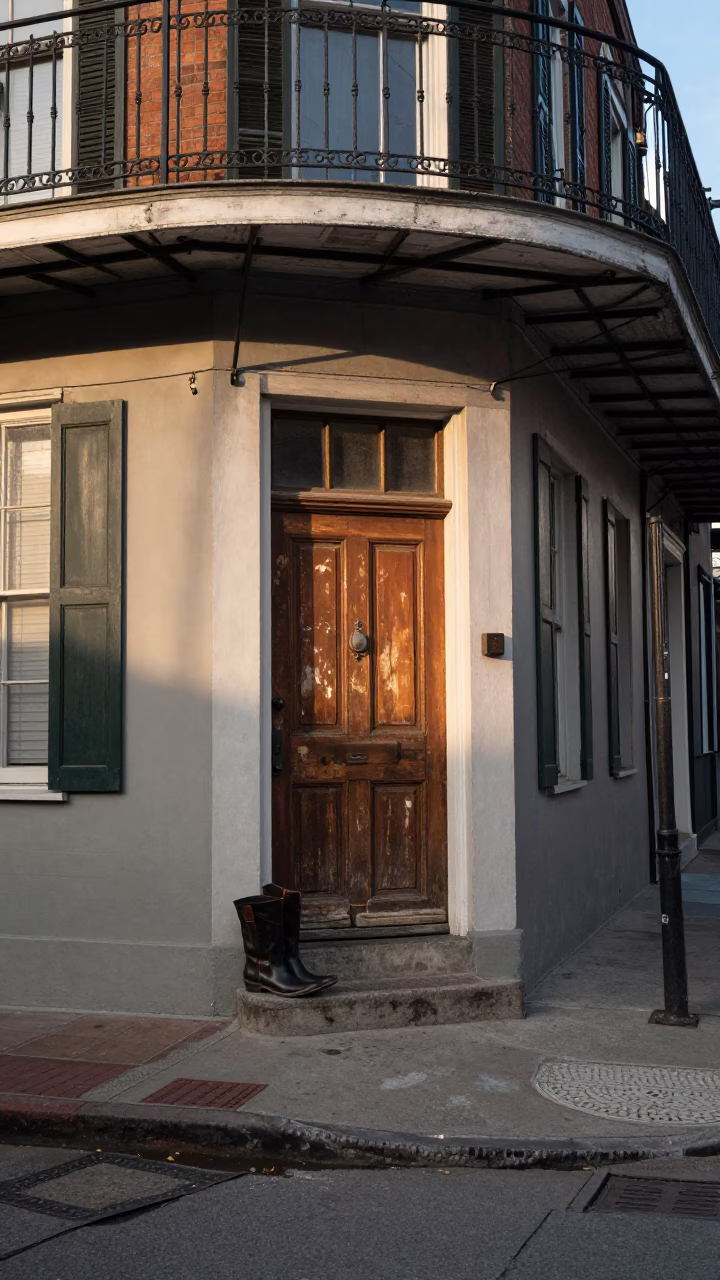 Busy New Orleans Street Corner Late Afternoon Light with Boot Scraper and Deadbolt Details in in New Orleans, Louisiana, United States