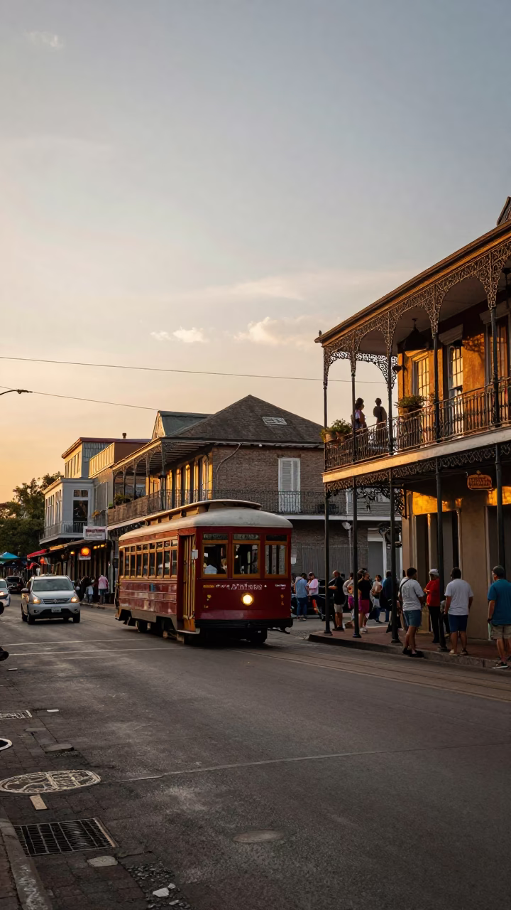 Busy New Orleans Street Scene at Sunset with Tramcar and Local Life in in New Orleans, Louisiana, United States