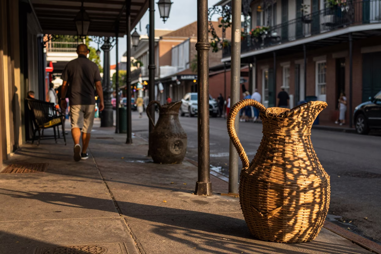 Busy New Orleans Street Scene in Honeyed Evening Light with Local Details in in New Orleans, Louisiana, United States