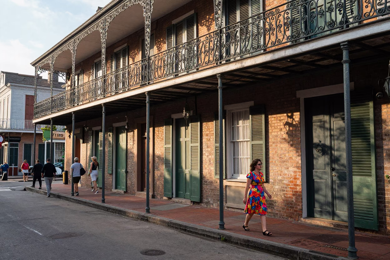 Busy New Orleans Street Scene Just After Sunrise with Latch and Daily Life in in New Orleans, Louisiana, United States