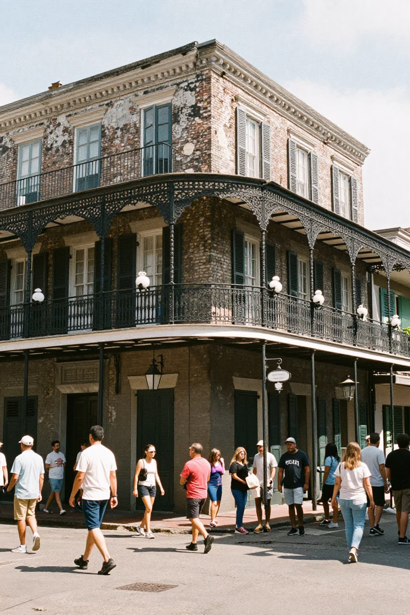Busy New Orleans Street Scene Midday with Iron Balconies and Local Life in in New Orleans, Louisiana, United States