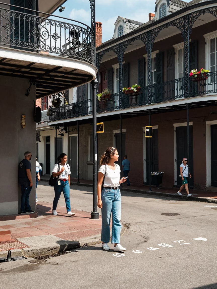 Busy New Orleans Street Scene Under Flat Noon Light With Local Details in in New Orleans, Louisiana, United States