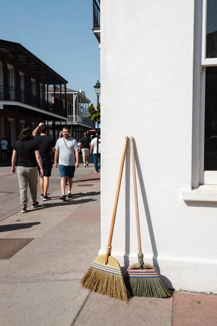 Busy New Orleans Street Scene Under Flat Noon Light With Thermometer And Brooms in in New Orleans, Louisiana, United States