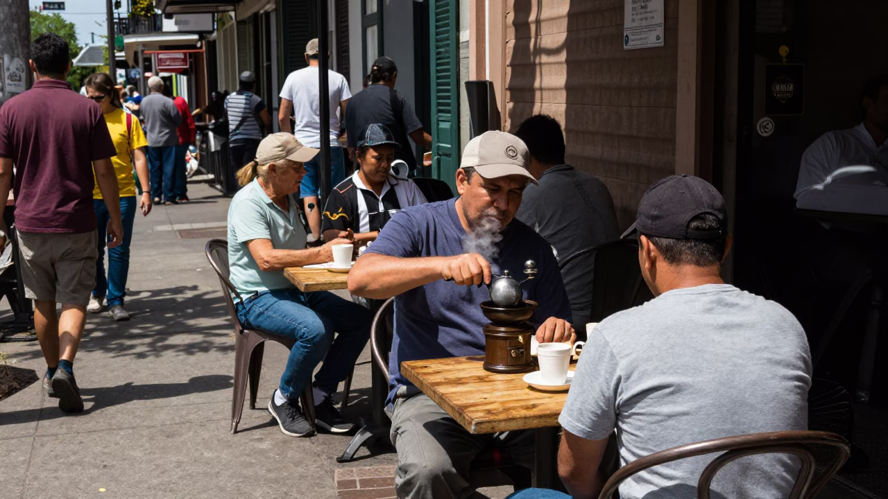 Busy New Orleans Street Scene with Coffee Grinder and Sifter at Noon in in New Orleans, Louisiana, United States