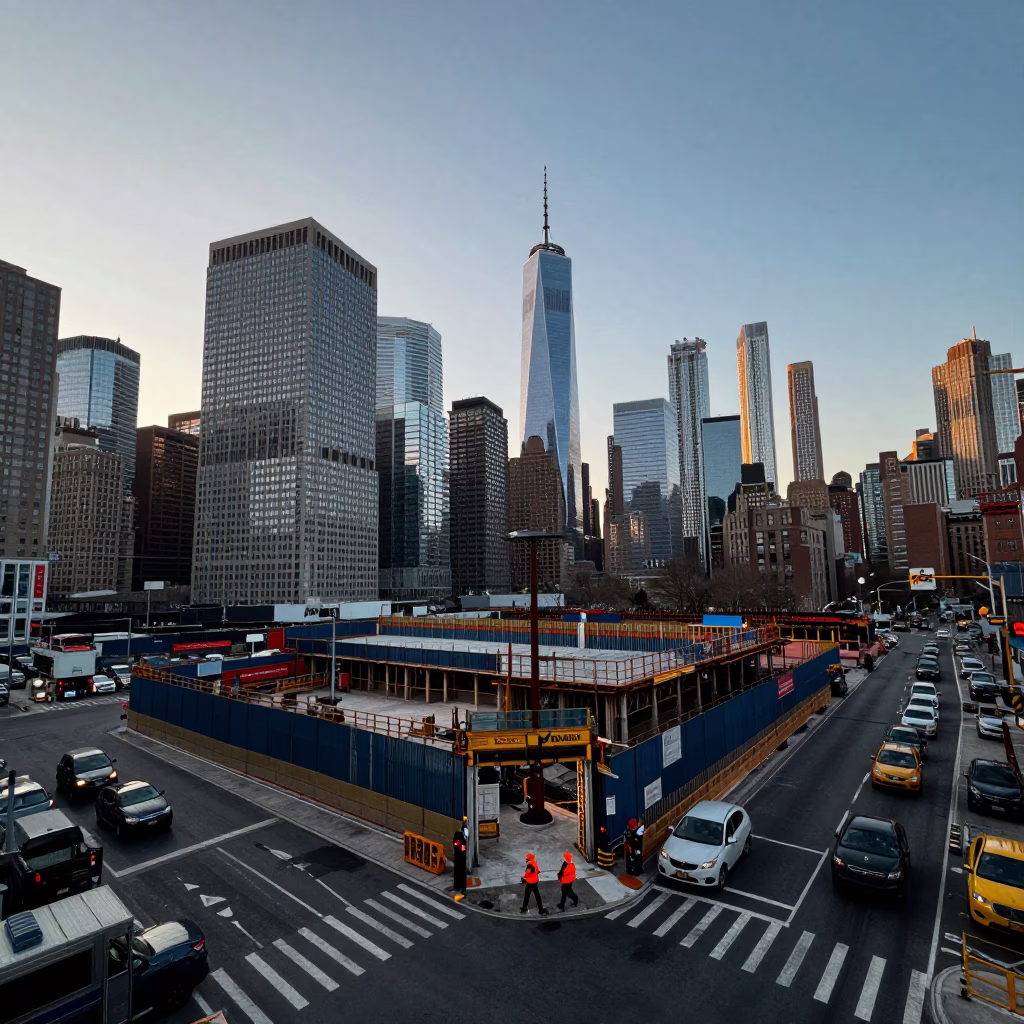 Busy New York City Construction Site at Nautical Dawn with Elevator Gate and Rebar in in New York, New York, United States