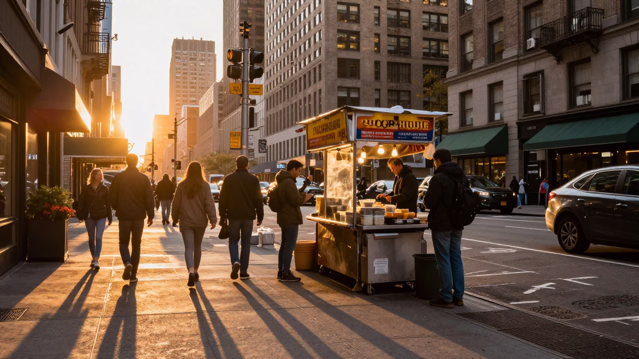 Busy New York City Golden Hour Street Scene with Food Vendors and Pedestrians in in New York, New York, United States