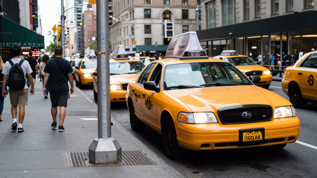 Busy New York City Sidewalk Midday with Yellow Taxi and Pedestrians in in New York, New York, United States