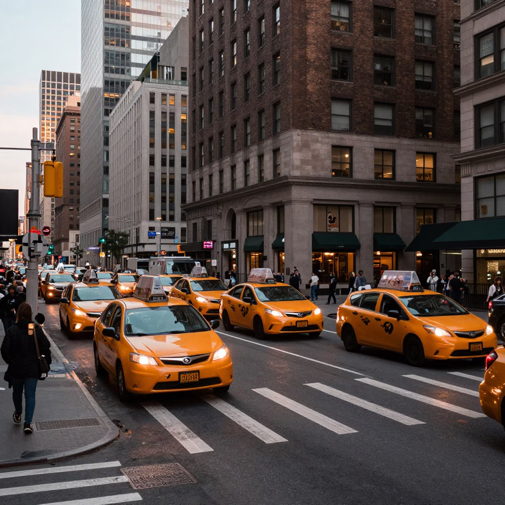 Busy New York City Street Corner at Dusk with Yellow Taxi and Urban Pedestrians in in New York, New York, United States