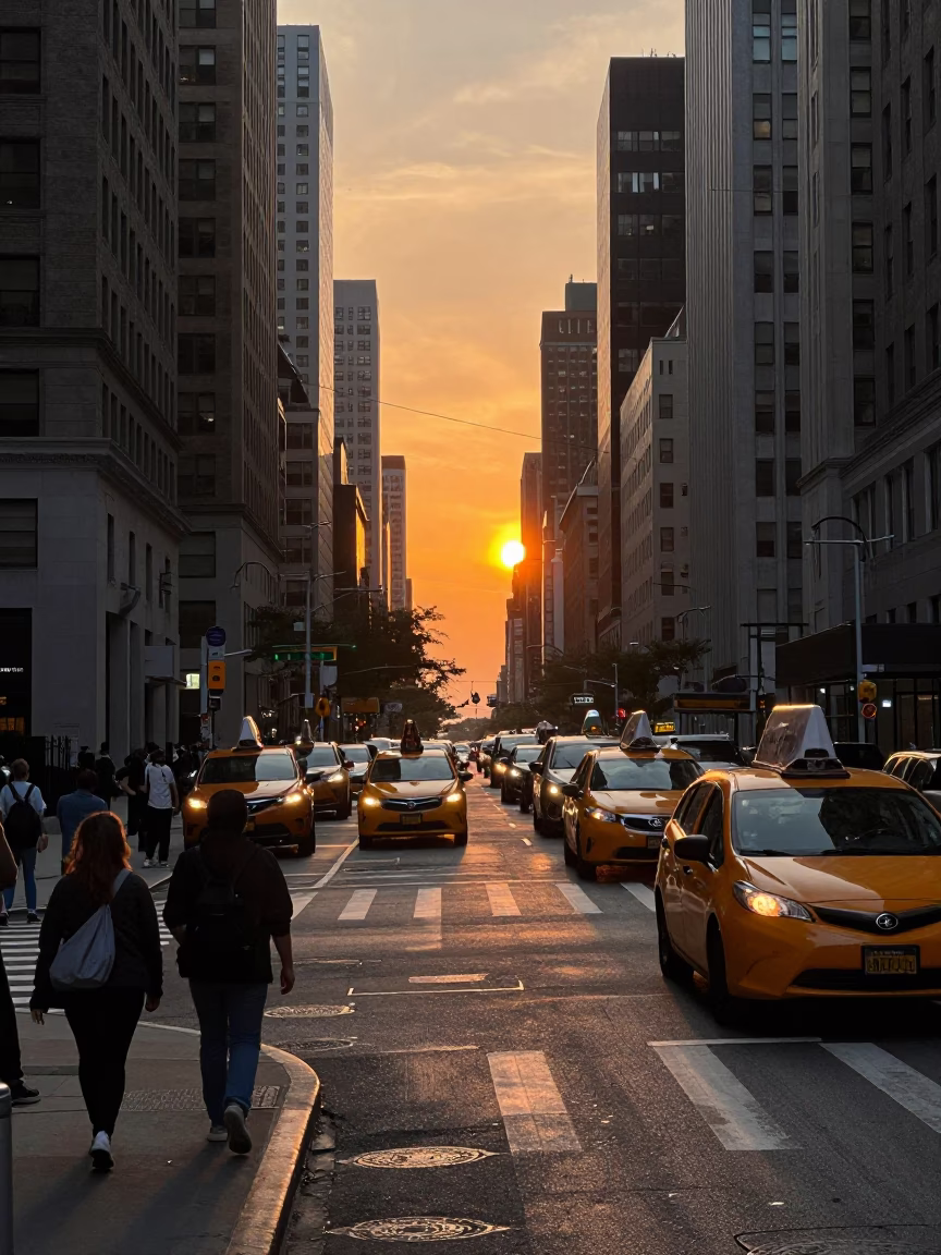 Busy New York City Street Corner at Sunset with Pedestrians and City Life in in New York, New York, United States