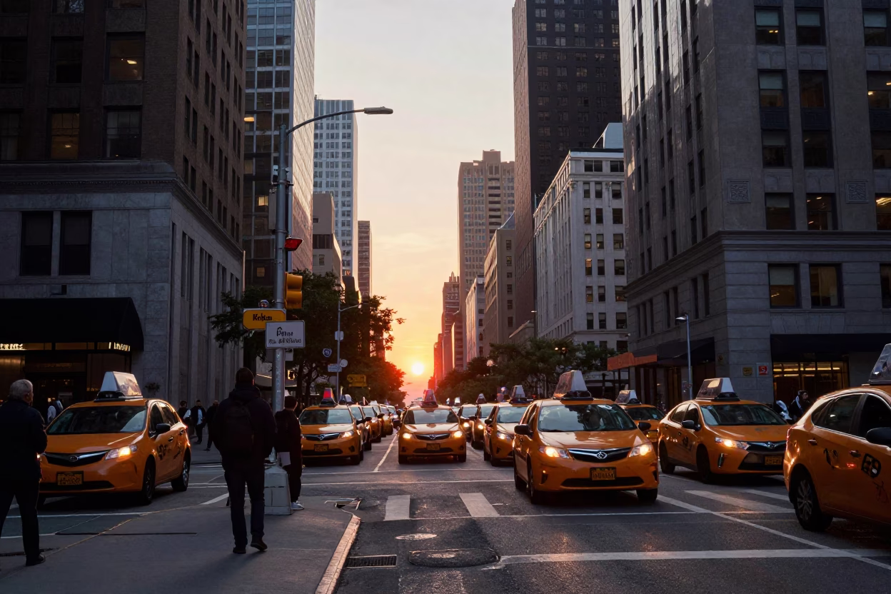 Busy New York City Street Corner at Sunset with Pedestrians and Yellow Taxi in in New York, New York, United States