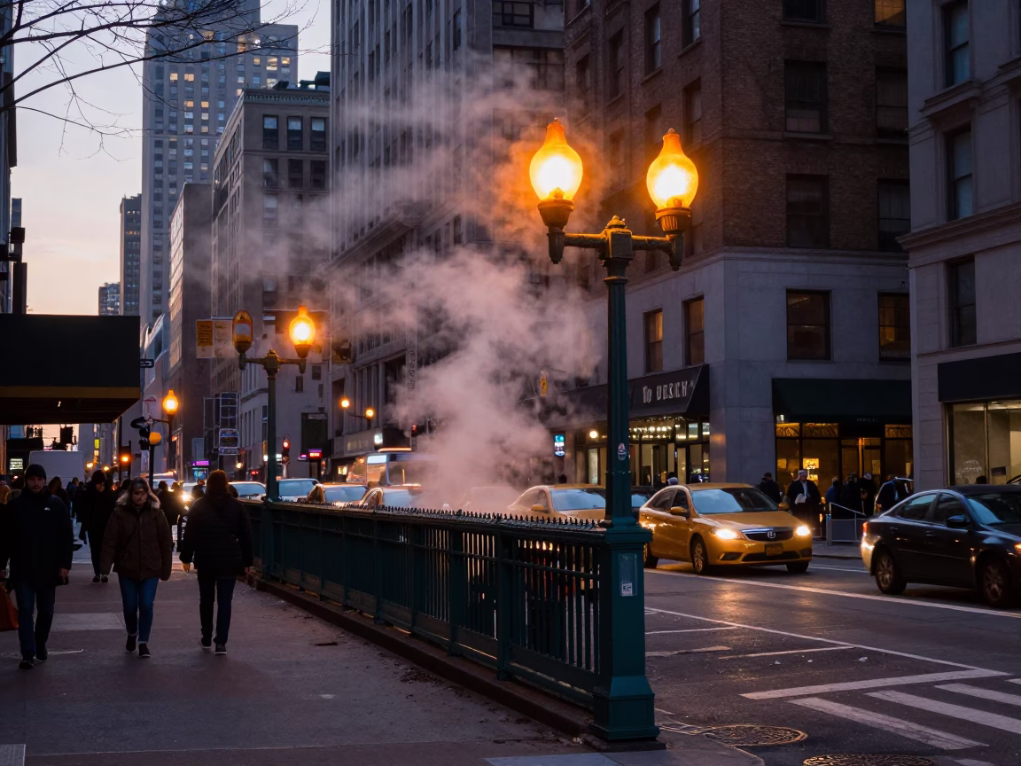 Busy New York City Street Corner Before Sunrise with Steam and Urban Infrastructure in in New York, New York, United States