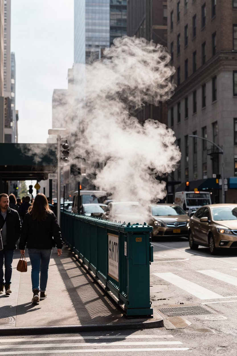 Busy New York City Street Corner Early Afternoon with Steam Haze and Urban Life in in New York, New York, United States