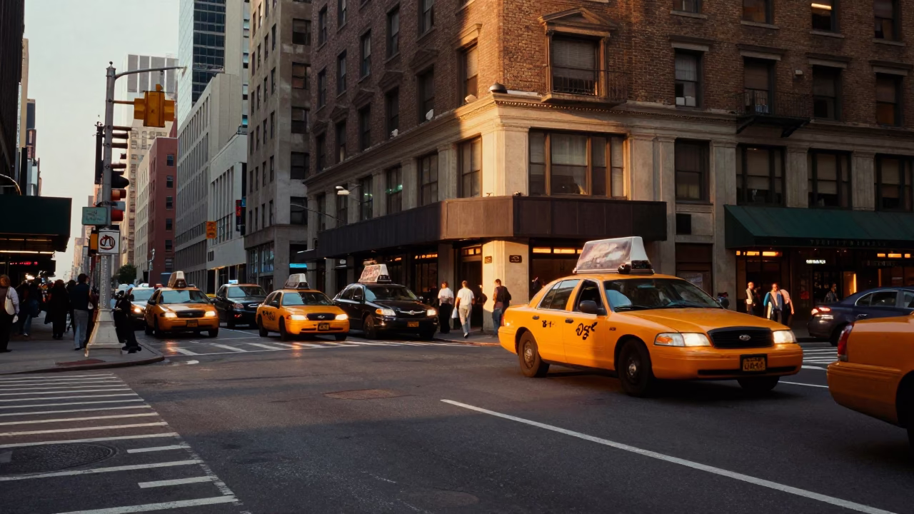 Busy New York City Street Corner Honeyed Evening Light with Vintage Details in in New York, New York, United States