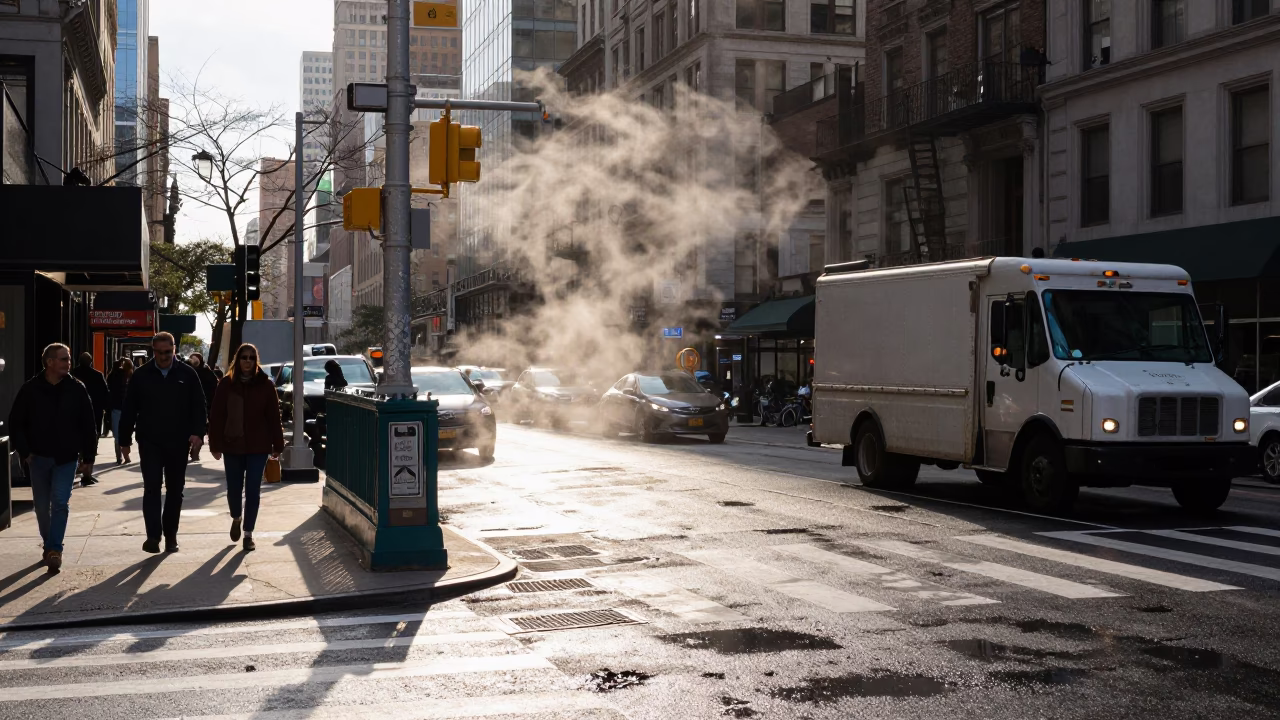 Busy New York City Street Corner Just After Sunrise With Urban Activity in in New York, New York, United States