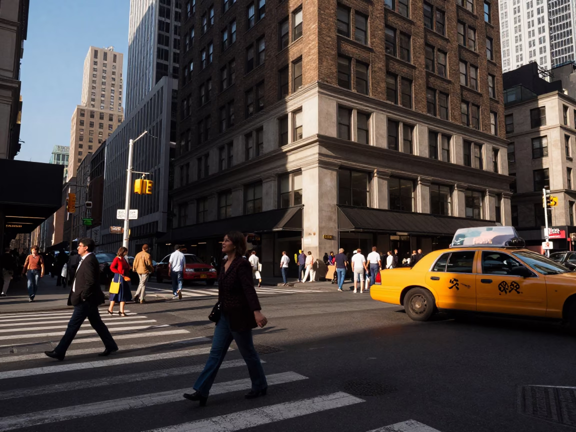 Busy New York City Street Corner Late Afternoon Light with Pedestrians and Urban Details in in New York, New York, United States