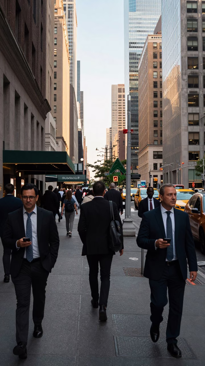 Busy New York City Street Corner Late Afternoon Pedestrians and Urban Architecture in in New York, New York, United States