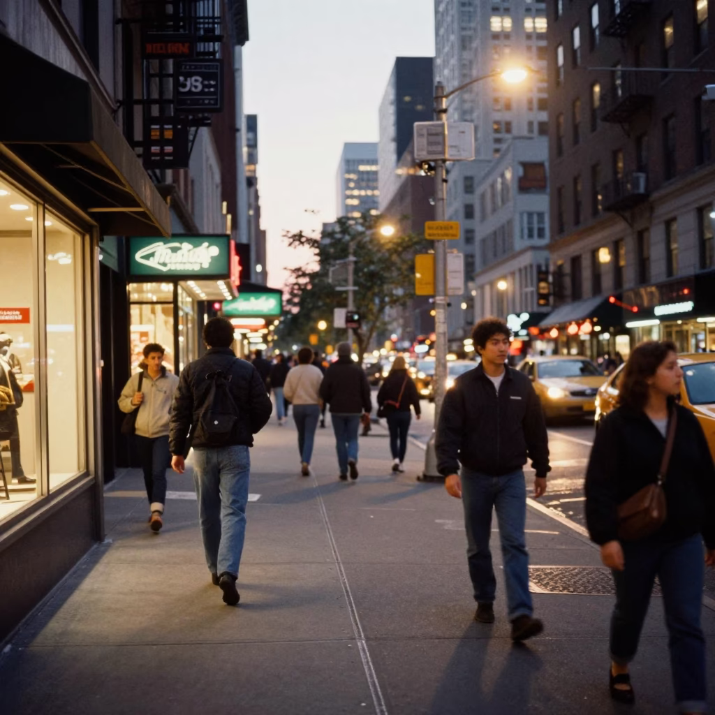 Busy New York City Street Scene at Early Evening with Pedestrians and Traffic in in New York, New York, United States