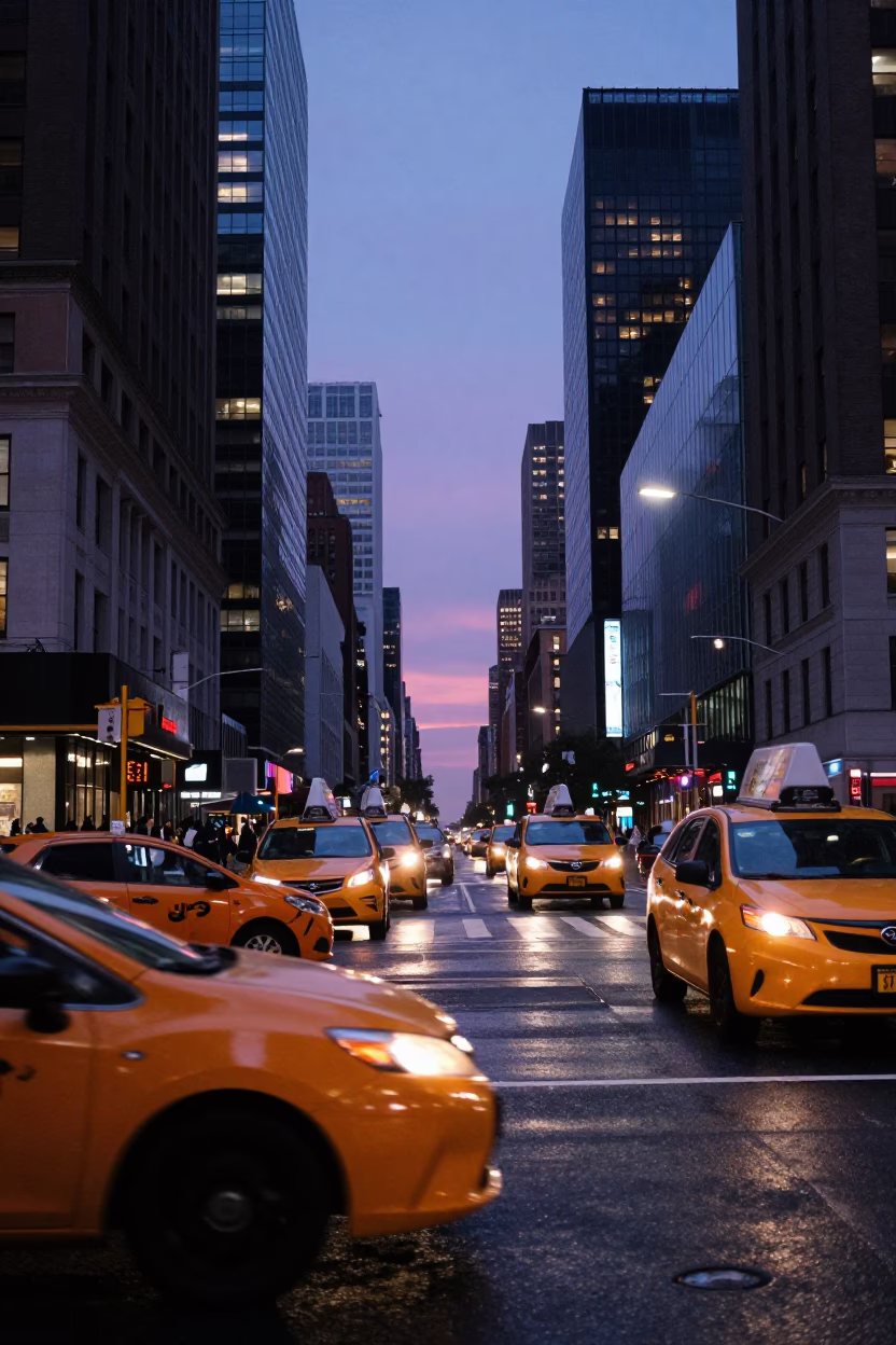 Busy New York City Street Scene at Indigo Twilight with Urban Life in in New York, New York, United States